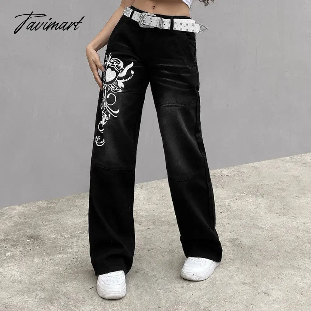 Fashion Spring Autumn Vintage Streetwear Harajuku Print Blue High Waist Straight Korean Style Woman Pants Cargo Pants Women