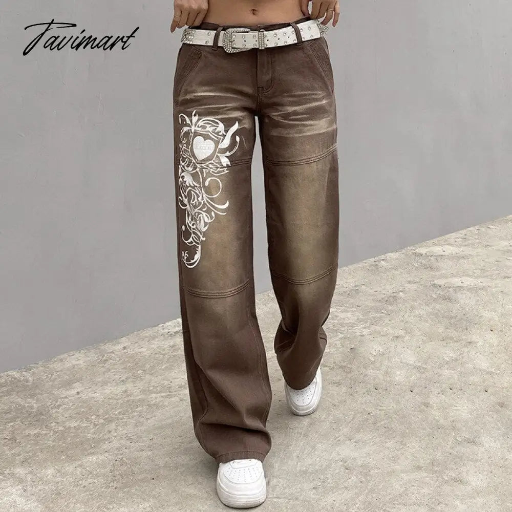 Fashion Spring Autumn Vintage Streetwear Harajuku Print Blue High Waist Straight Korean Style Woman Pants Cargo Pants Women
