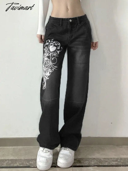 Fashion Spring Autumn Vintage Streetwear Harajuku Print Blue High Waist Straight Korean Style Woman Pants Cargo Pants Women