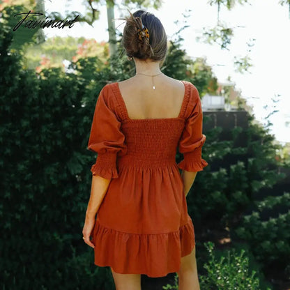 Fashion Square Neck Elastic платье2021 Backless Short Sleeve Ruffled Summer Mini Dress Elegant Party Dresses Woman Princes