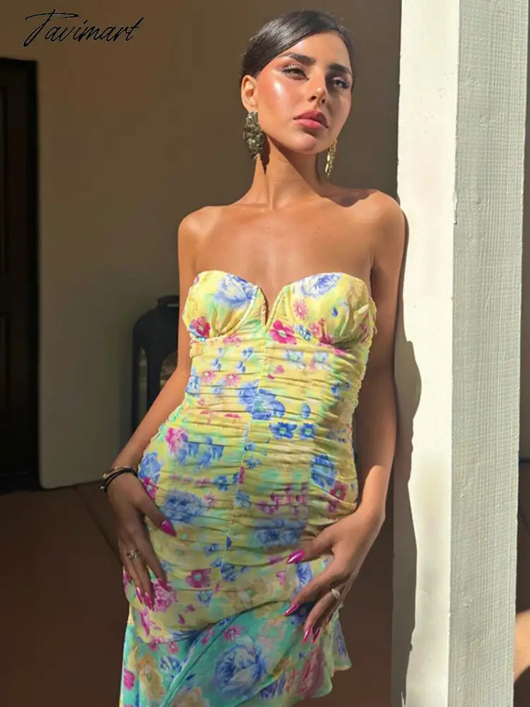 Fashion Summer Floral Print Strapless Holiday Party Dresses for Women Elegant Ladies Ruffles Backless Long Evening Dress