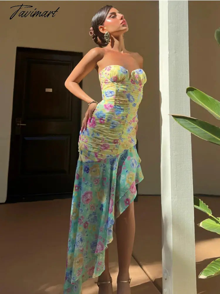 Fashion Summer Floral Print Strapless Holiday Party Dresses for Women Elegant Ladies Ruffles Backless Long Evening Dress