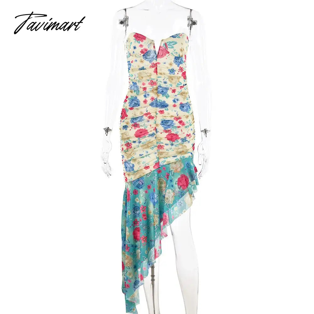 Fashion Summer Floral Print Strapless Holiday Party Dresses for Women Elegant Ladies Ruffles Backless Long Evening Dress