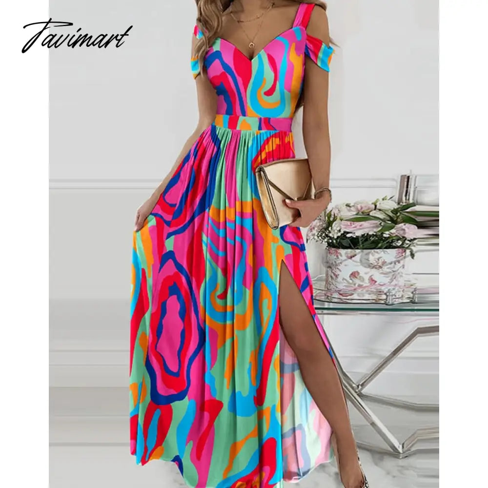 Fashion Summer Women Beach Wear Ruched Short Sleeve Daily Vacation Long Dress Abstract Print Cold Shoulder High Slit Maxi Dress