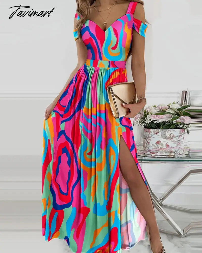 Fashion Summer Women Beach Wear Ruched Short Sleeve Daily Vacation Long Dress Abstract Print Cold Shoulder High Slit Maxi Dress