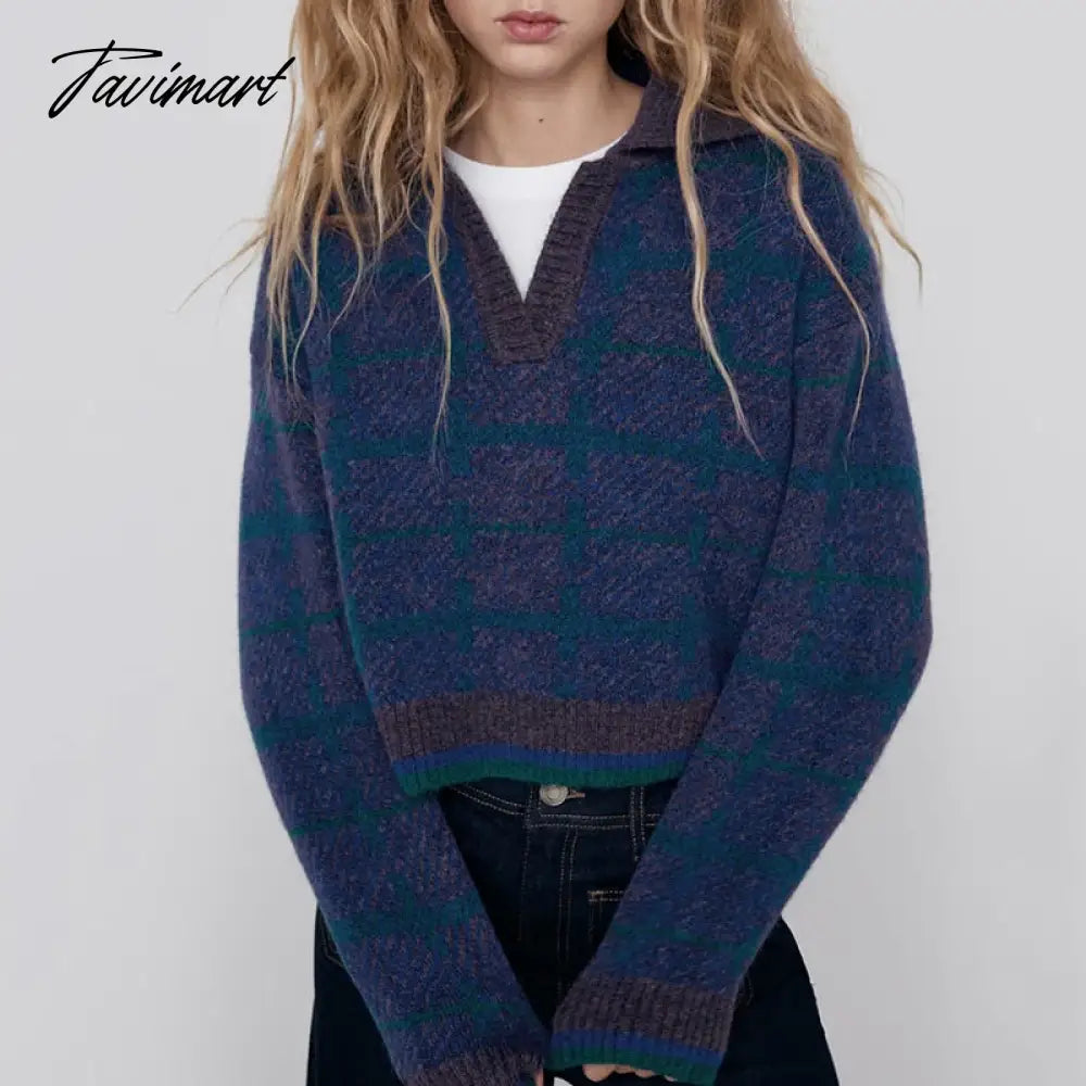 Fashion Sweater Women V Neck With Ribbed Trim Cropped Knitted Jumper Vintage Long Sleeve Winter Female Pullovers Chic Tops