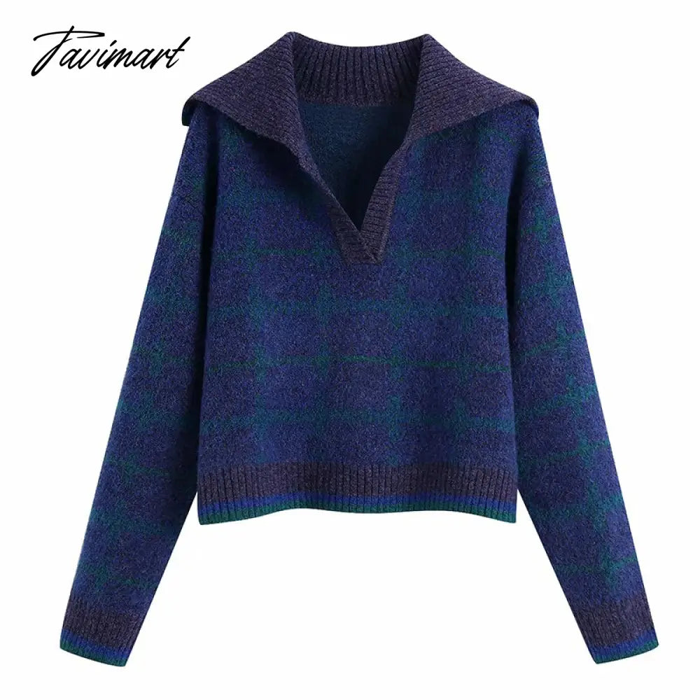 Fashion Sweater Women V Neck With Ribbed Trim Cropped Knitted Jumper Vintage Long Sleeve Winter Female Pullovers Chic Tops