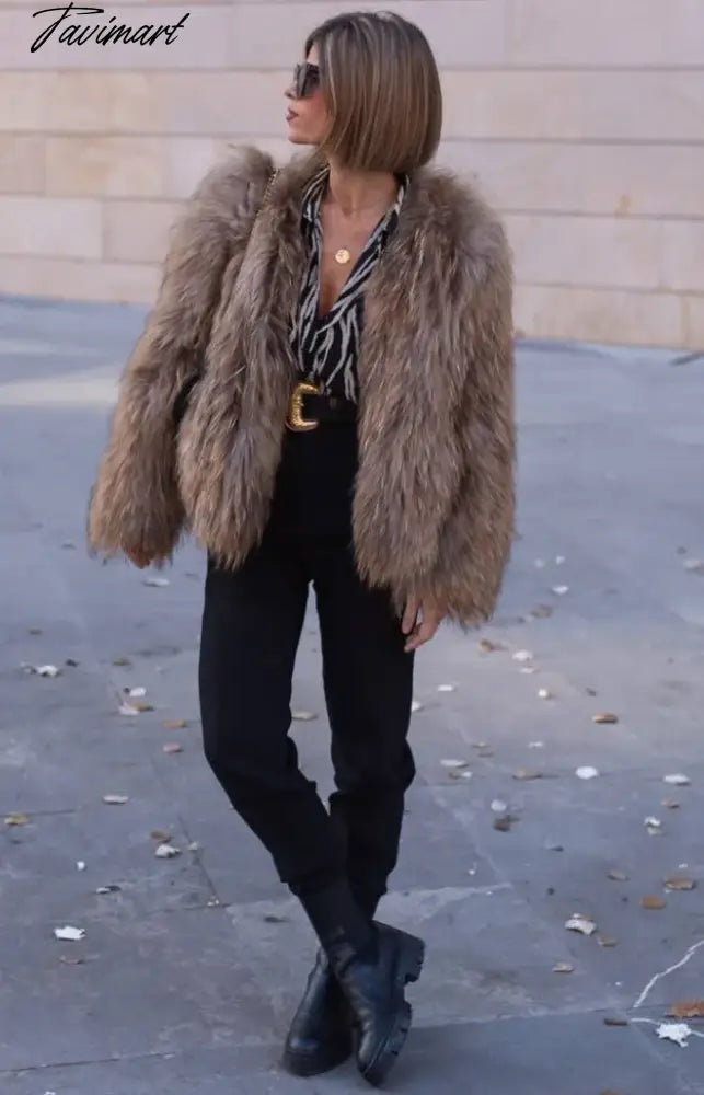 Fashion Thicken Short Faux Fur Jacket For Women Chic V Neck Long Sleeved Plush Cardigan Winter Female Elegant Warm Coat