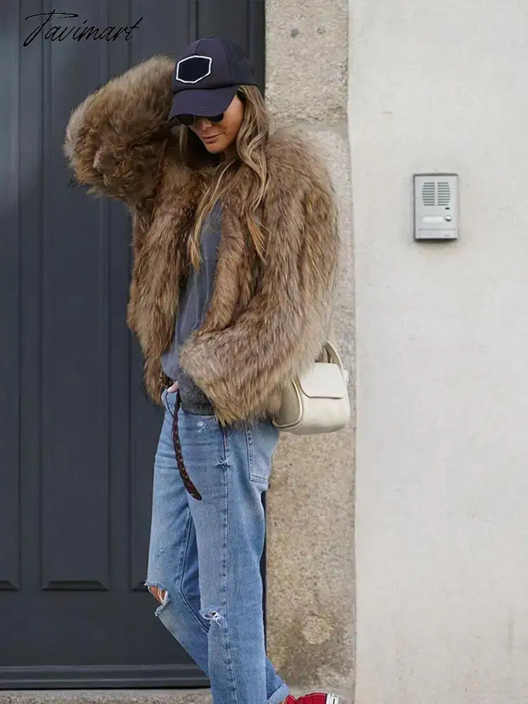 Fashion Thicken Short Faux Fur Jacket For Women Chic V Neck Long Sleeved Plush Cardigan Winter Female Elegant Warm Coat