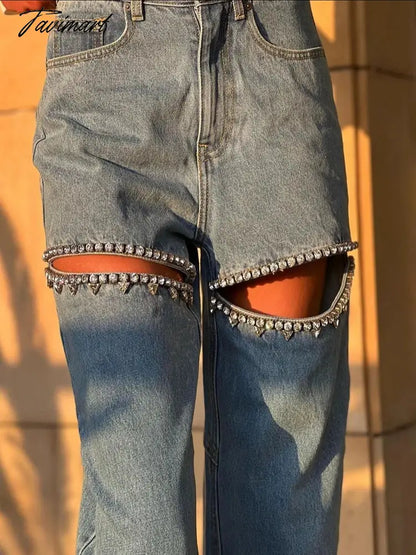 Fashion Trendy Hot Diamond Design Loose Blue Distressed Relaxation of Tall Waist Wide Legged Pants Autumn/Winter Women's Jeans