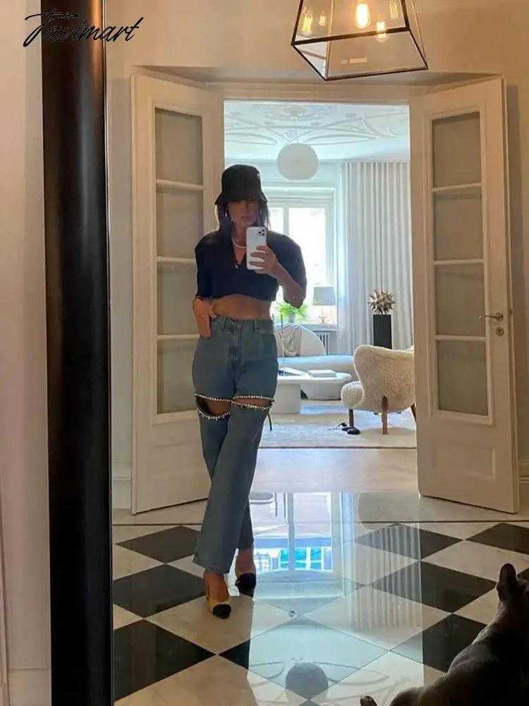 Fashion Trendy Hot Diamond Design Loose Blue Distressed Relaxation of Tall Waist Wide Legged Pants Autumn/Winter Women's Jeans