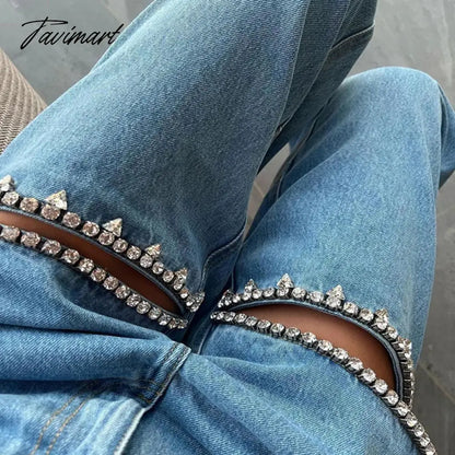 Fashion Trendy Hot Diamond Design Loose Blue Distressed Relaxation of Tall Waist Wide Legged Pants Autumn/Winter Women's Jeans