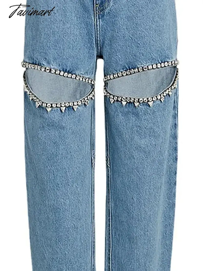 Fashion Trendy Hot Diamond Design Loose Blue Distressed Relaxation of Tall Waist Wide Legged Pants Autumn/Winter Women's Jeans