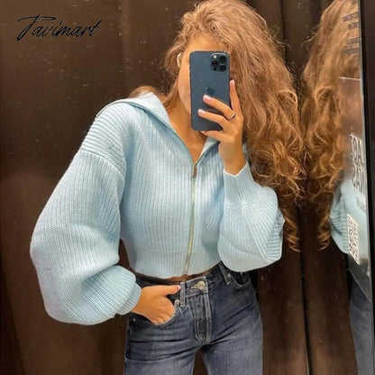 Fashion V-Neck With Zipper Solid Winter Pullover Long Sleeve Kintted Women Casual Sweater Cropped Tops Pull Femme