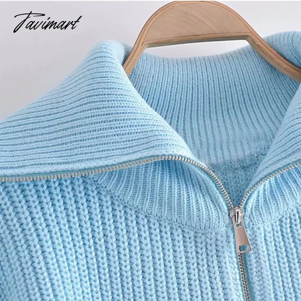 Fashion V-Neck With Zipper Solid Winter Pullover Long Sleeve Kintted Women Casual Sweater Cropped Tops Pull Femme