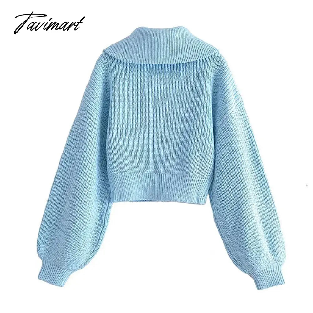 Fashion V-Neck With Zipper Solid Winter Pullover Long Sleeve Kintted Women Casual Sweater Cropped Tops Pull Femme