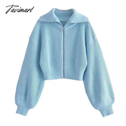 Fashion V-Neck With Zipper Solid Winter Pullover Long Sleeve Kintted Women Casual Sweater Cropped Tops Pull Femme