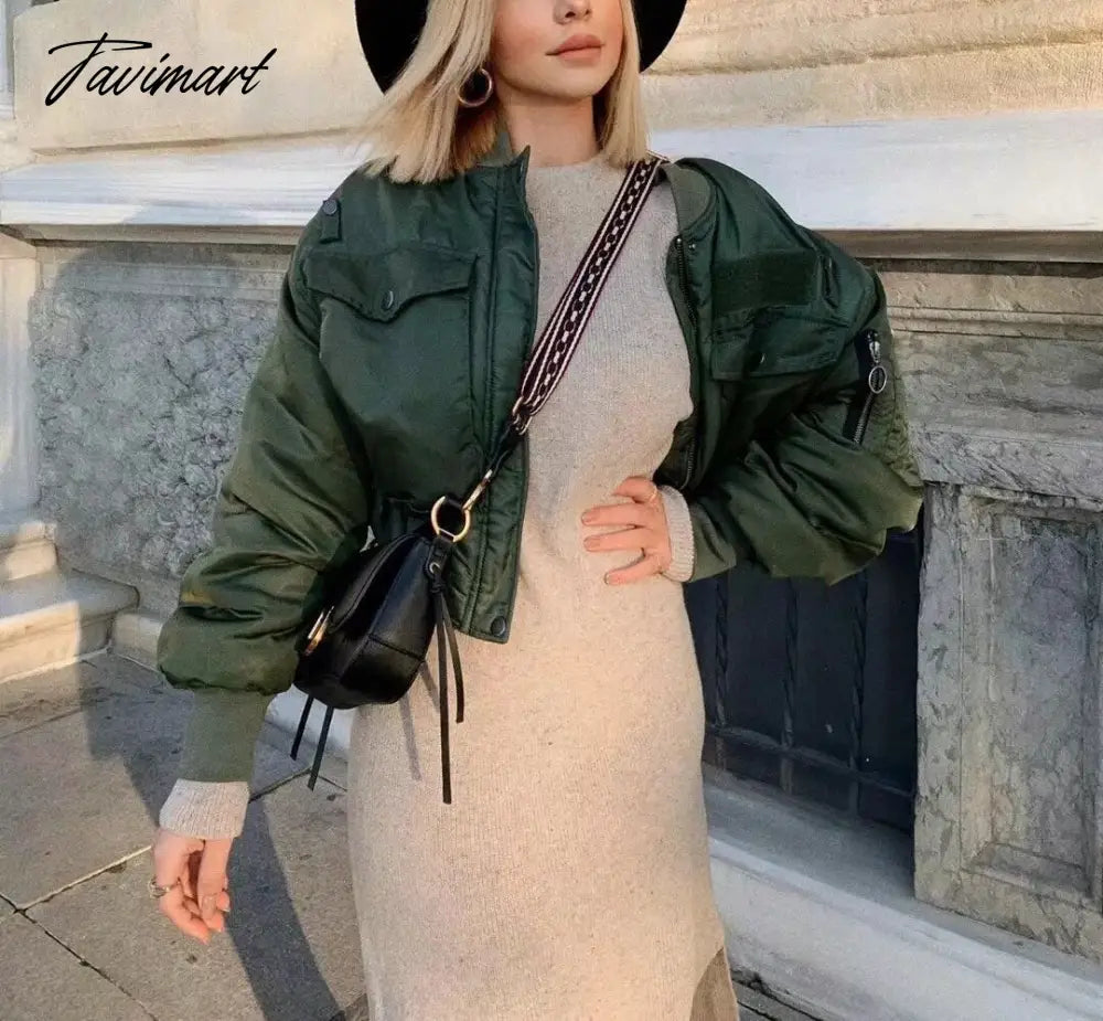 Fashion Women Basic Loose Padded Bomber Jacket Coat Vintage Leisure Long Sleeve Zipper Warm Female Outerwear Elegant Tops