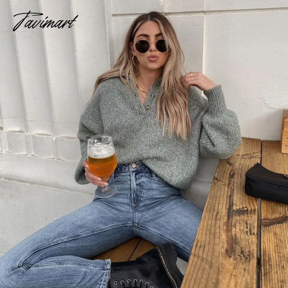Fashion Women Sweater V Neck With Button Loose Long Sleeve Winter Solid Color Casua Lapel Pullover Chic Tops