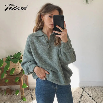Fashion Women Sweater V Neck With Button Loose Long Sleeve Winter Solid Color Casua Lapel Pullover Chic Tops