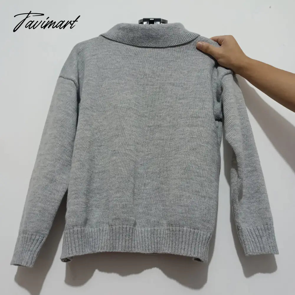 Fashion Women Sweater V Neck With Button Loose Long Sleeve Winter Solid Color Casua Lapel Pullover Chic Tops
