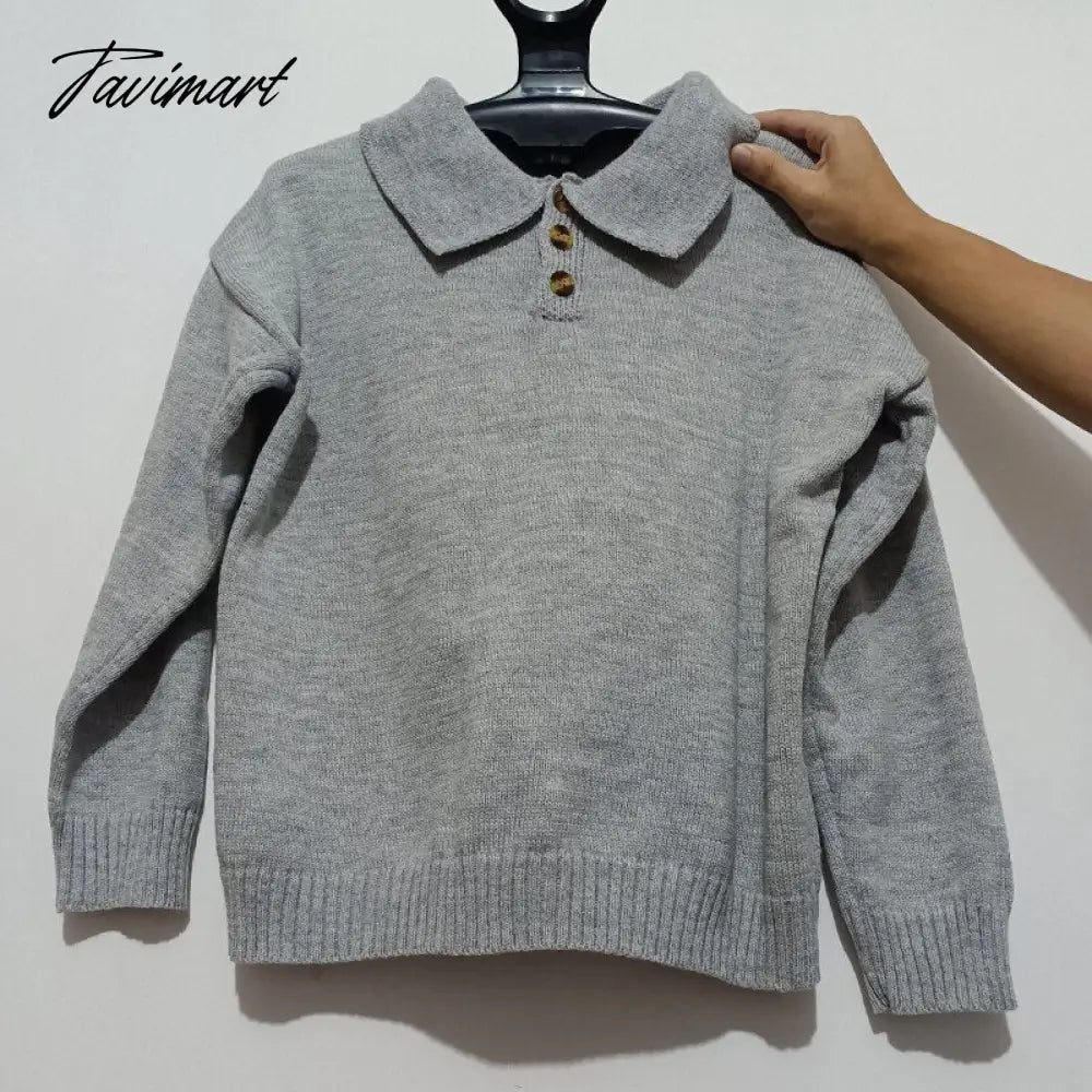 Fashion Women Sweater V Neck With Button Loose Long Sleeve Winter Solid Color Casua Lapel Pullover Chic Tops