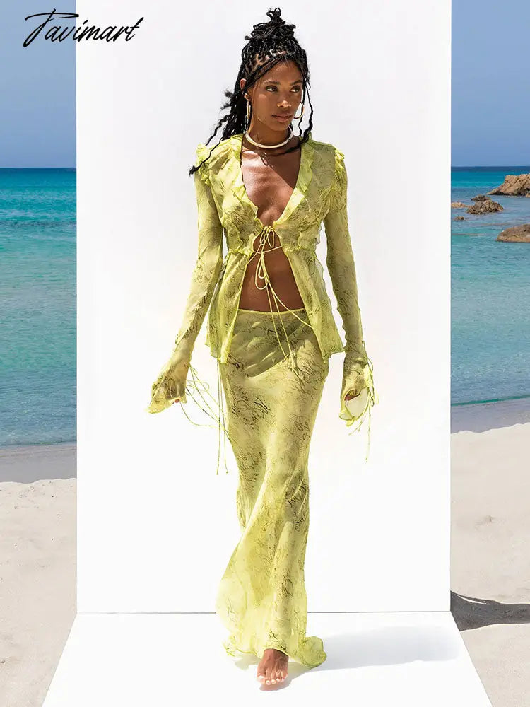 Fashion Y2K Wood Ear Edge Straps Printed Chiffon Top Long Sleeves Summer Women High Waist Dress Set Bikini Cover-ups A2586