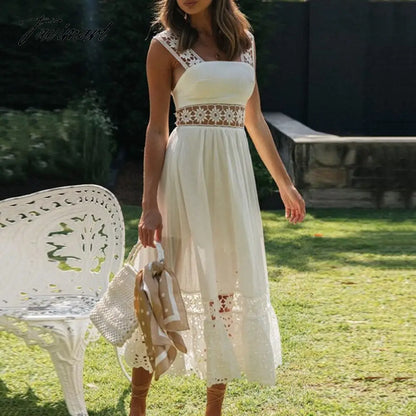 Fashion женское платье White Summer Dress Sexy Backless Lace Midi Dress Hollow Out Vintage Chic Party Dresses Vestidos