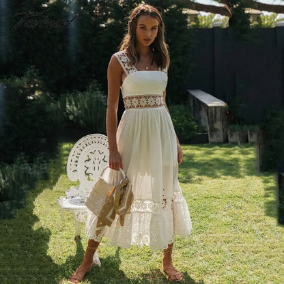 Fashion женское платье White Summer Dress Sexy Backless Lace Midi Dress Hollow Out Vintage Chic Party Dresses Vestidos