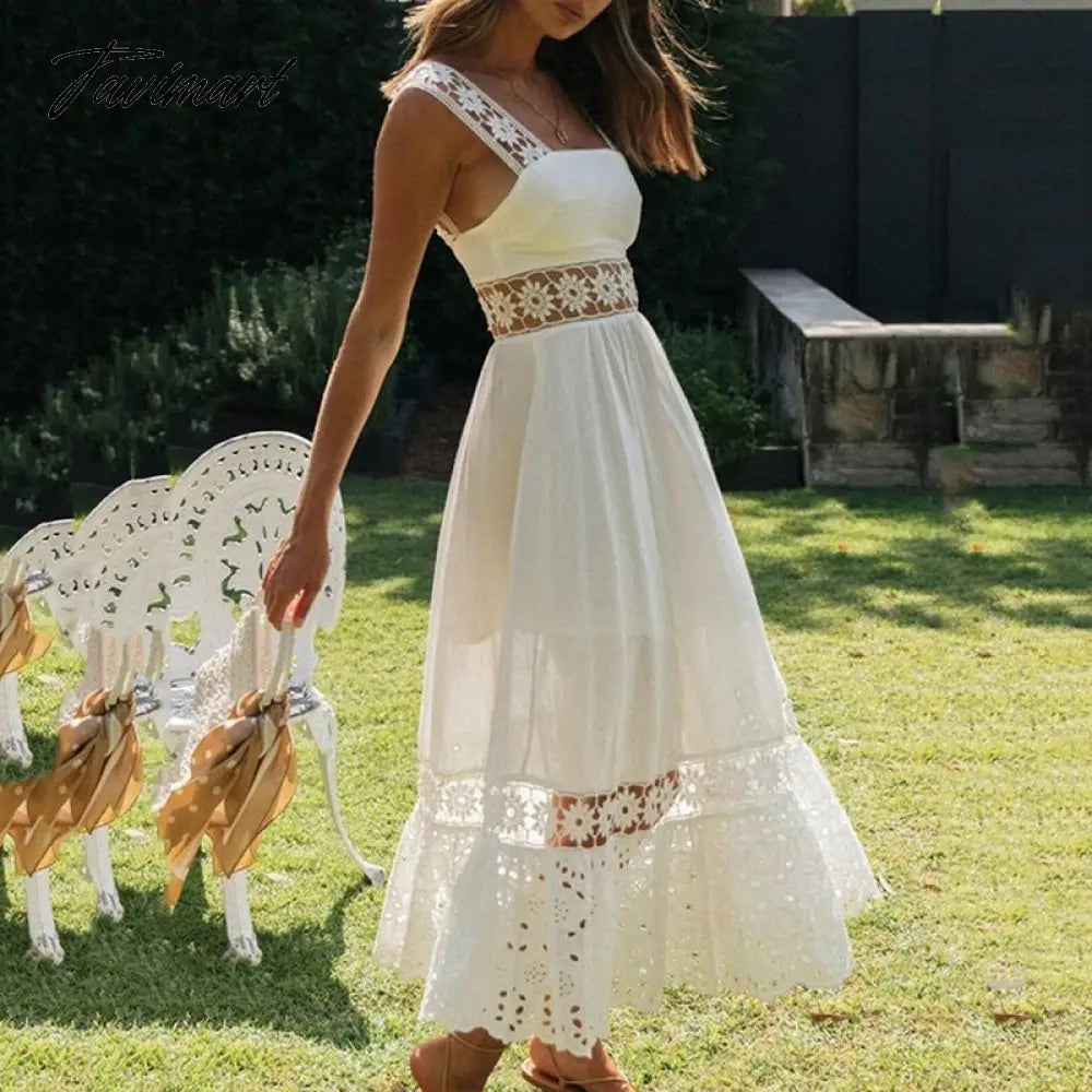 Fashion женское платье White Summer Dress Sexy Backless Lace Midi Dress Hollow Out Vintage Chic Party Dresses Vestidos