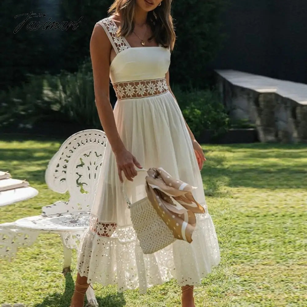 Fashion женское платье White Summer Dress Sexy Backless Lace Midi Dress Hollow Out Vintage Chic Party Dresses Vestidos