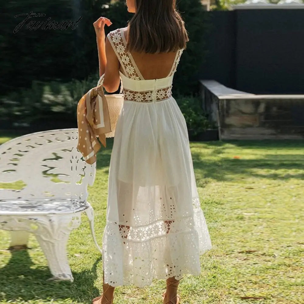 Fashion женское платье White Summer Dress Sexy Backless Lace Midi Dress Hollow Out Vintage Chic Party Dresses Vestidos