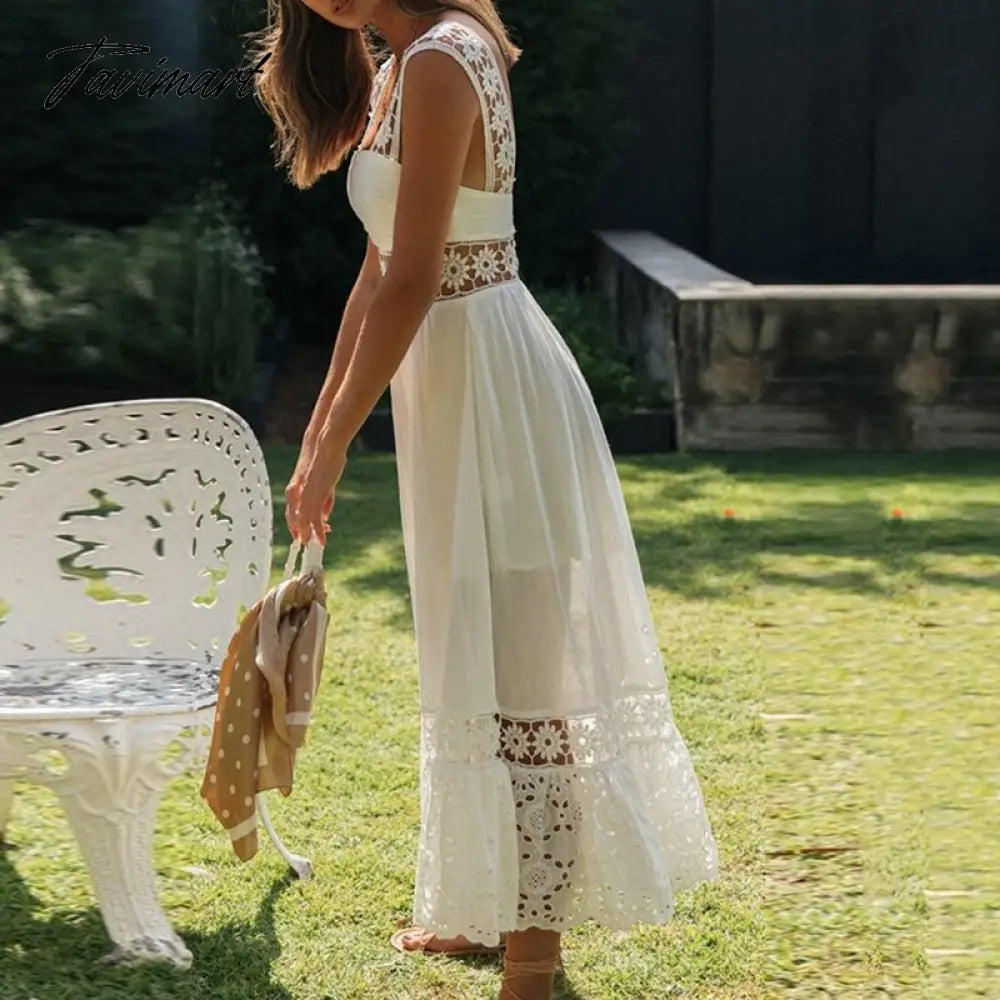 Fashion женское платье White Summer Dress Sexy Backless Lace Midi Dress Hollow Out Vintage Chic Party Dresses Vestidos
