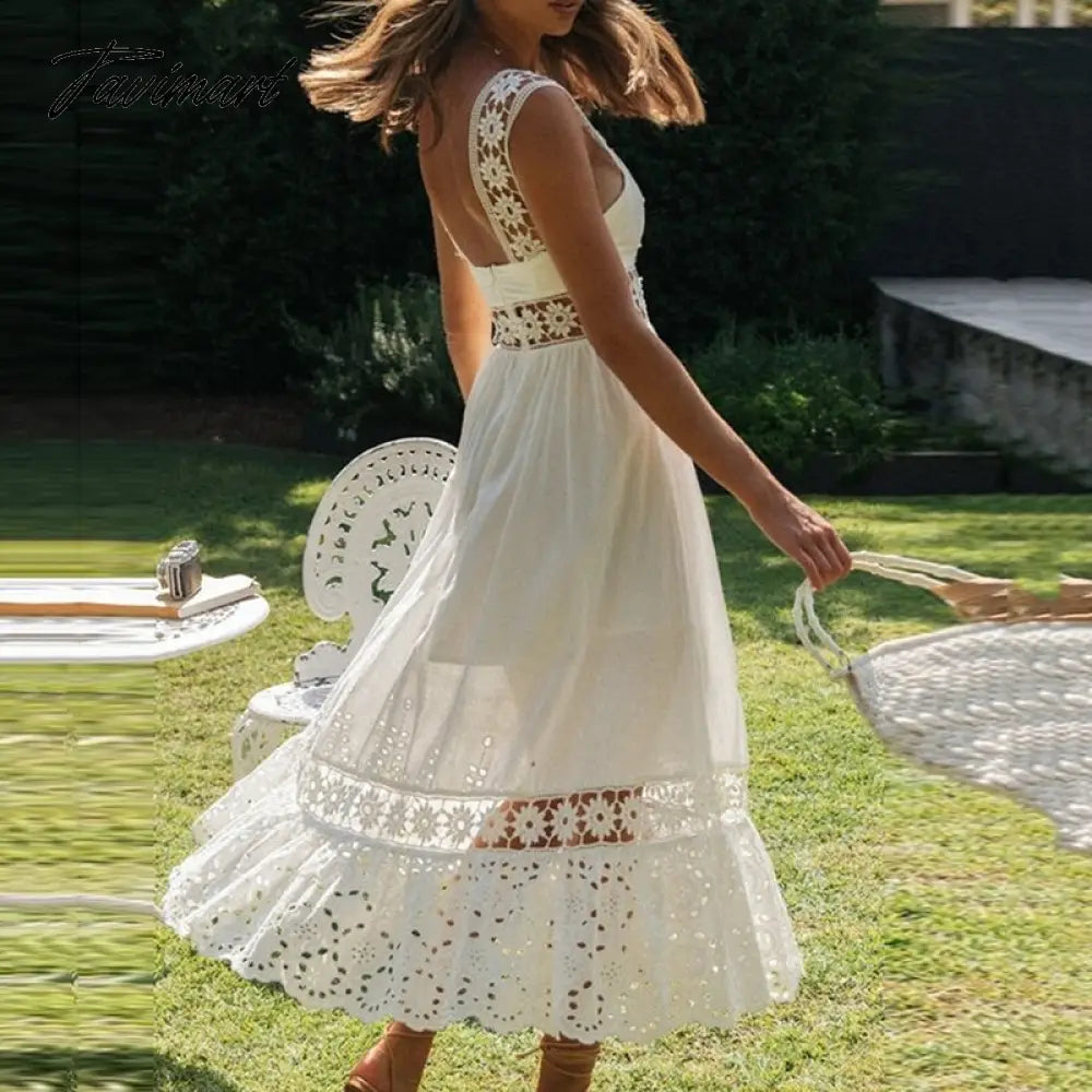 Fashion женское платье White Summer Dress Sexy Backless Lace Midi Dress Hollow Out Vintage Chic Party Dresses Vestidos