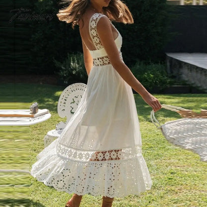 Fashion женское платье White Summer Dress Sexy Backless Lace Midi Dress Hollow Out Vintage Chic Party Dresses Vestidos