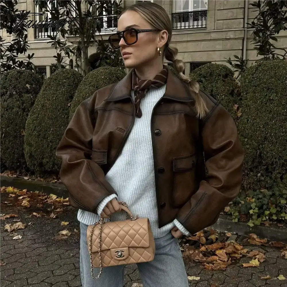 Faux leather jacket women Winter vintage clothes jacket women PU leather jackets y2k fashion brown jacket biker coats luxury