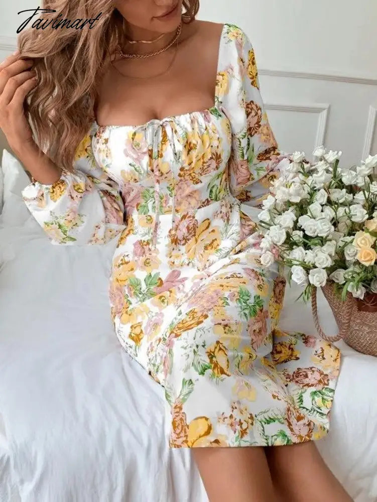 Female Long Sleeve Floral Backless Elegant Dresses for Women Square Collar Lace Up Puff Sleeve Sexy Dress