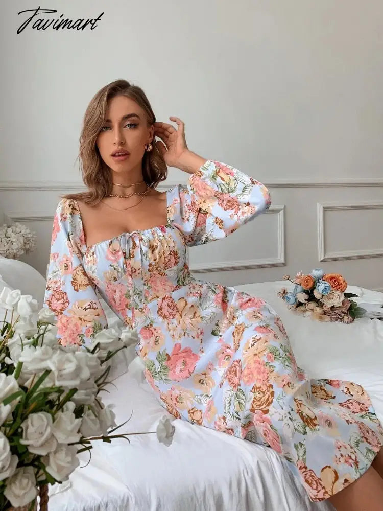 Female Long Sleeve Floral Backless Elegant Dresses for Women Square Collar Lace Up Puff Sleeve Sexy Dress