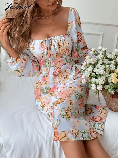 Female Long Sleeve Floral Backless Elegant Dresses for Women Square Collar Lace Up Puff Sleeve Sexy Dress