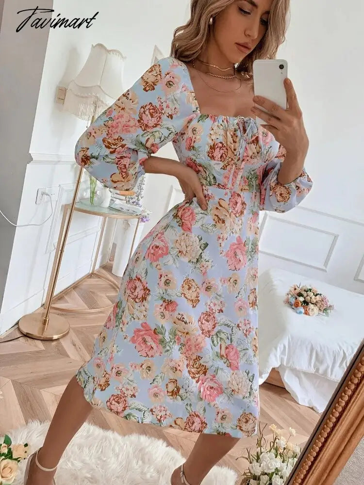 Female Long Sleeve Floral Backless Elegant Dresses for Women Square Collar Lace Up Puff Sleeve Sexy Dress