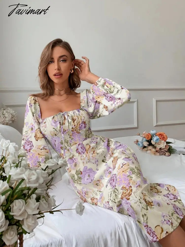 Female Long Sleeve Floral Backless Elegant Dresses for Women Square Collar Lace Up Puff Sleeve Sexy Dress