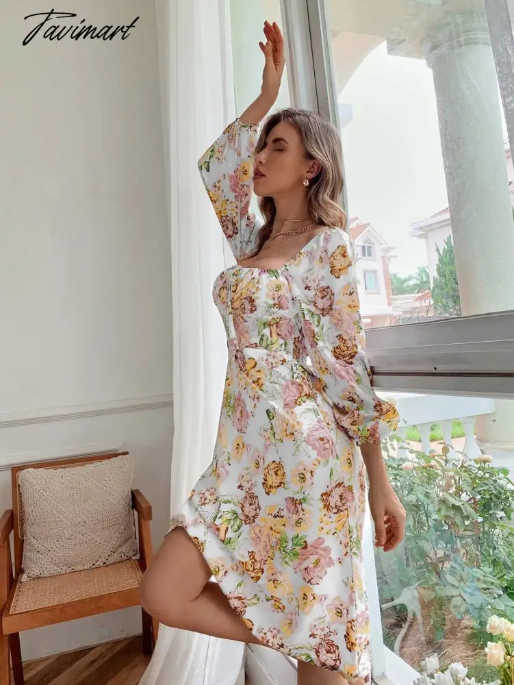 Female Long Sleeve Floral Backless Elegant Dresses for Women Square Collar Lace Up Puff Sleeve Sexy Dress