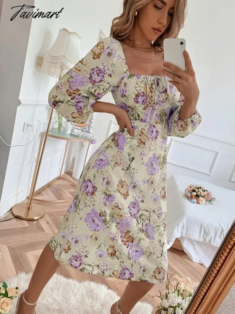 Female Long Sleeve Floral Backless Elegant Dresses for Women Square Collar Lace Up Puff Sleeve Sexy Dress