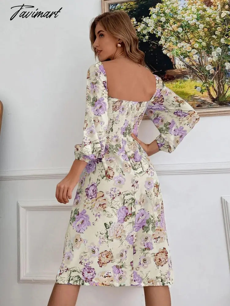 Female Long Sleeve Floral Backless Elegant Dresses for Women Square Collar Lace Up Puff Sleeve Sexy Dress