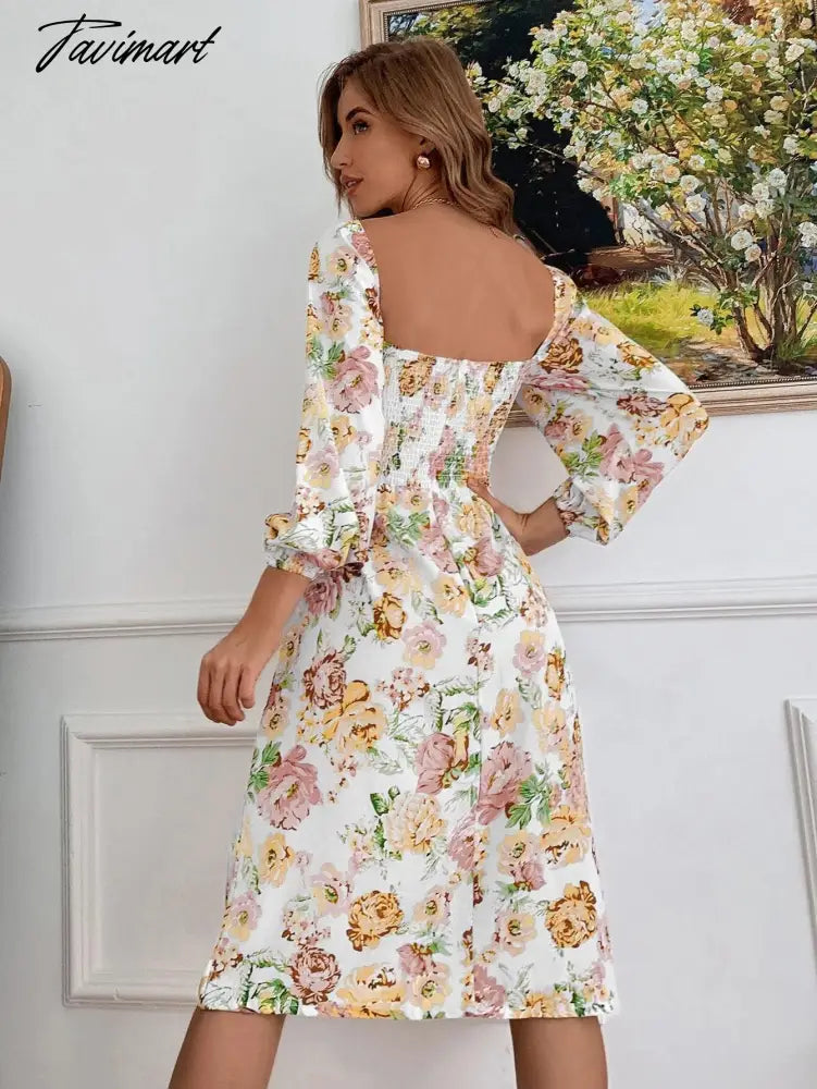 Female Long Sleeve Floral Backless Elegant Dresses for Women Square Collar Lace Up Puff Sleeve Sexy Dress