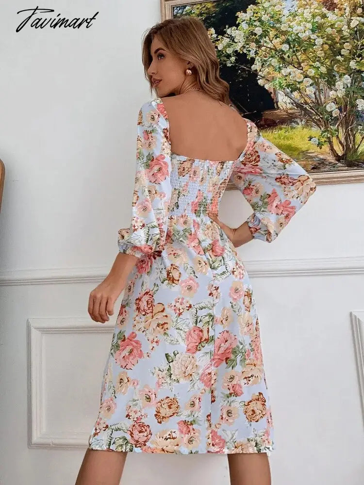Female Long Sleeve Floral Backless Elegant Dresses for Women Square Collar Lace Up Puff Sleeve Sexy Dress