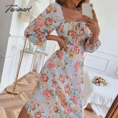 Female Long Sleeve Floral Backless Elegant Dresses for Women Square Collar Lace Up Puff Sleeve Sexy Dress