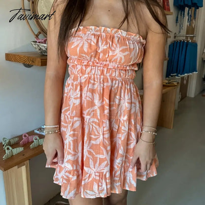 Floral Print Backless Mini Dress with Ruffle Trim Boho Beach Holiday Strapless Tube A-line Dress Women Club Party