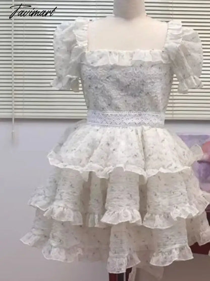 Floral Print Korean Fashion Dress Women Ruffles French Vintage Party Mini Dress Female Bubble Sleeve Retro Sweet Dress New