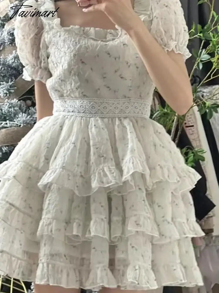 Floral Print Korean Fashion Dress Women Ruffles French Vintage Party Mini Dress Female Bubble Sleeve Retro Sweet Dress New